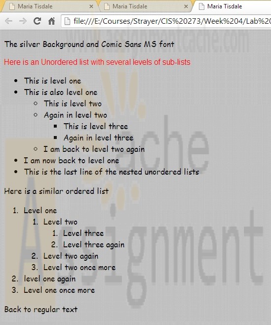 CIS 273 Lab Assignment 4 Nested Lists and Cascading Style Sheets with red arial font