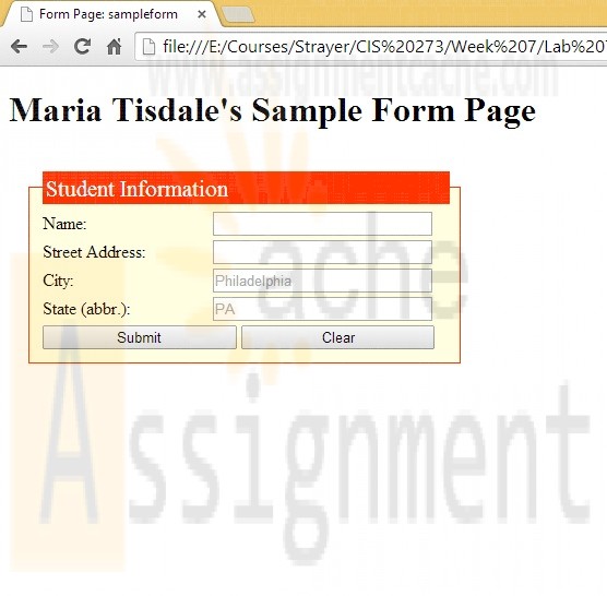 CIS 273 Lab Assignment 7 Form Page