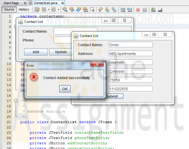 Java contact list application Add contact