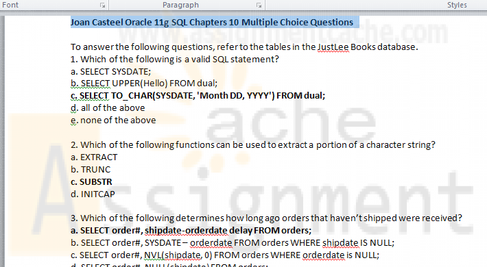 Joan Casteel Oracle 11g SQL Chapters 10 Multiple Choice Questions