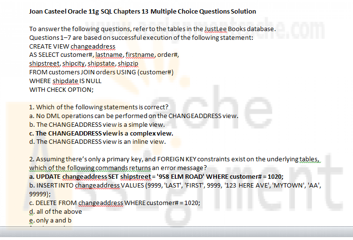 Joan Casteel Oracle 11g SQL Chapters 13 Multiple Choice Questions Solution