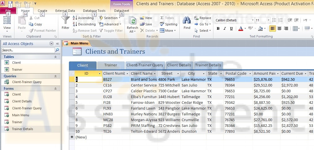 Microsoft Access 2010 Chapter 10 Administering a Database System Clients and Trainers Database