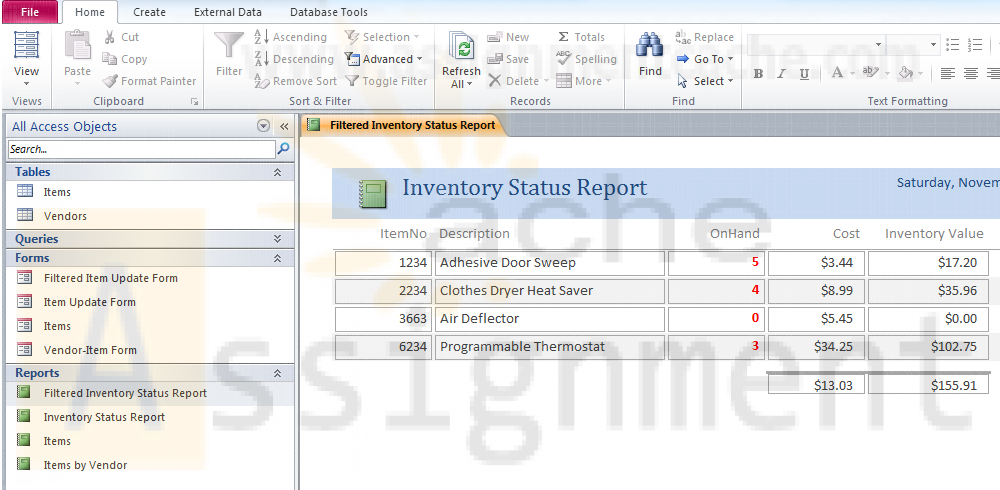 Microsoft Access 2010 CHAPTER 4 Lab 2 Filtered Inventory Status Report