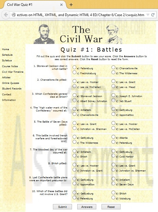 New Perspectives on HTML, XHTML, and Dynamic HTML Chapter 6 Case Problem 2 Civil War Studies